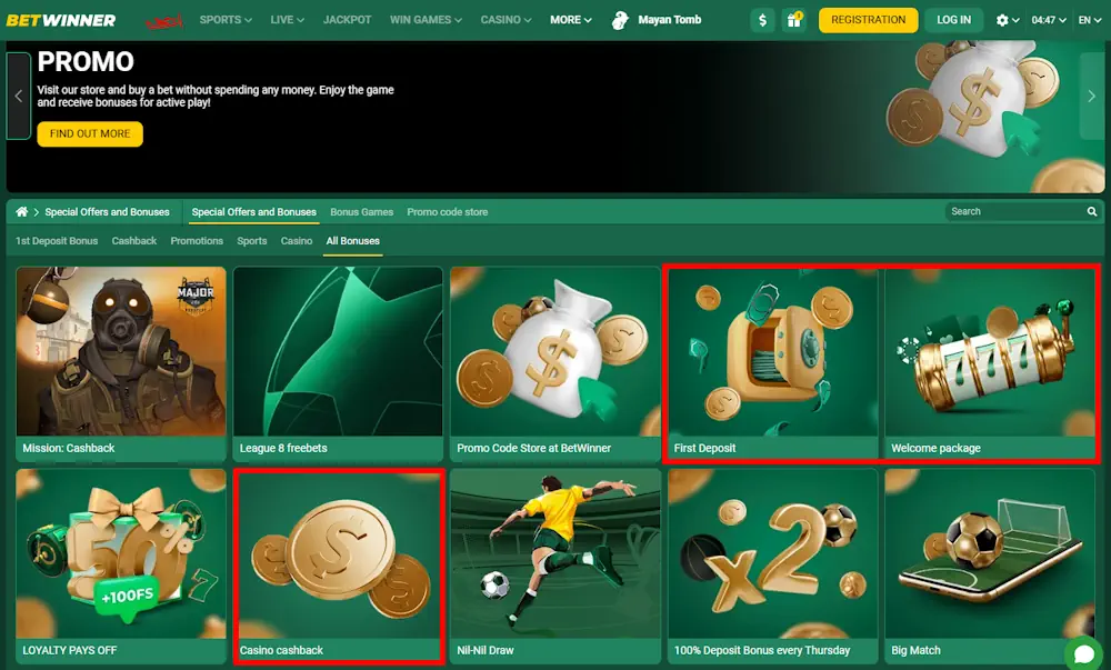 BetWinner Bonuses Welcome Bonuses and Cashback Screenshot